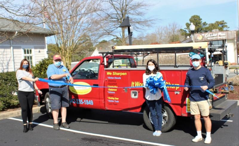 By Sharp Edge ribbon-cutting attendees shown are (l-r) Abigail Kaiser, chamber; Roland Condon, By Sharp Edge owner; and Emily Grothey and Baxter Travers, chamber. SUBMITTED PHOTO